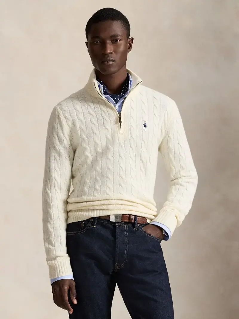 Pull camionneur torsadé Ralph Lauren blanc en cachemire