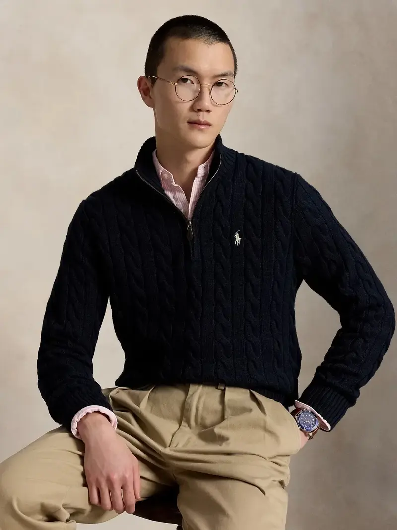 Pull camionneur torsadé Ralph Lauren marine en coton