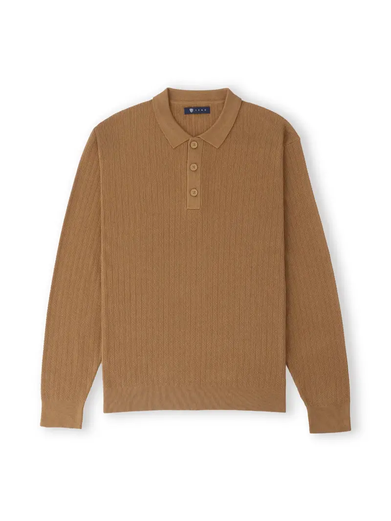 Pull col polo boutonné jeux de points camel