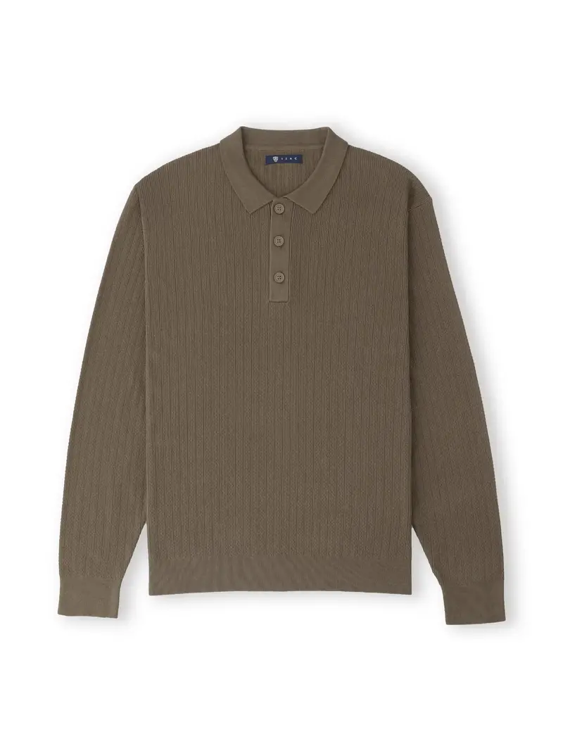 Pull col polo boutonné jeux de points châtain