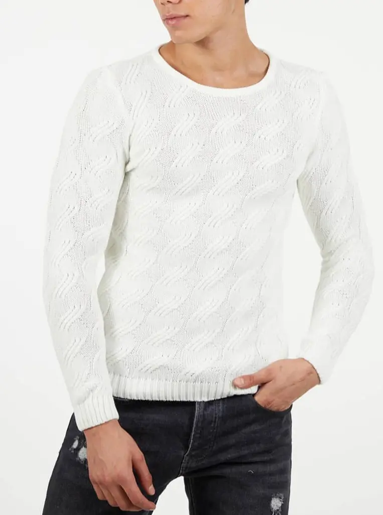 Pull col rond blanc torsadé homme fashion