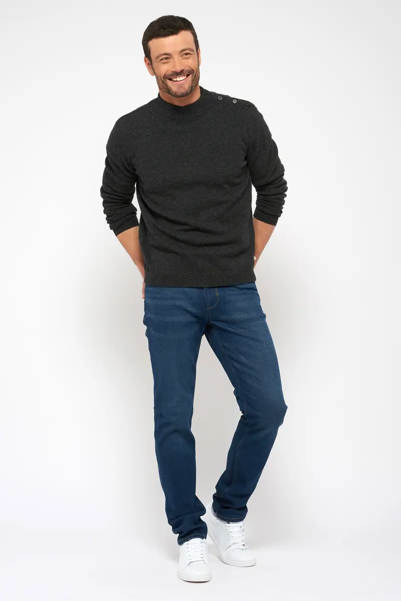 Pull col rond, boutonné épaule - Anthracite - 100% recyclé