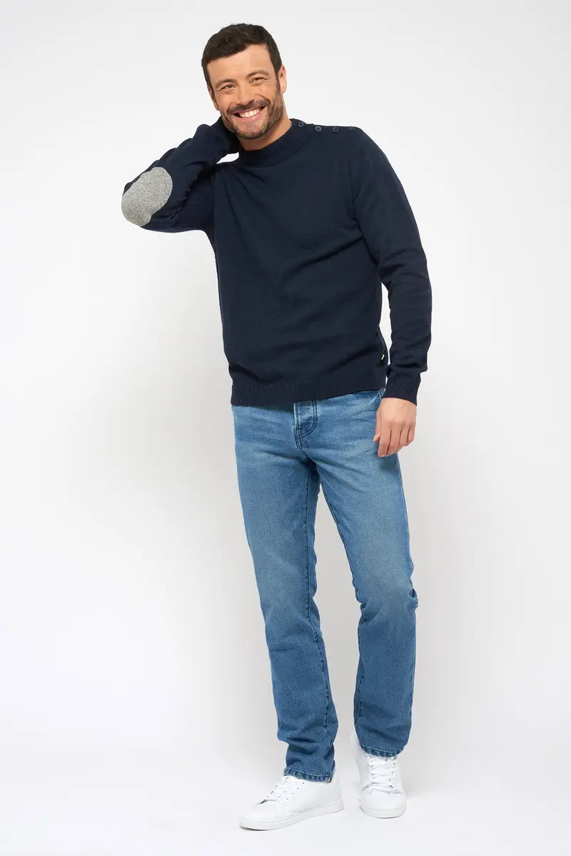 Pull col rond, boutonné épaule - Marine - 100% recyclé