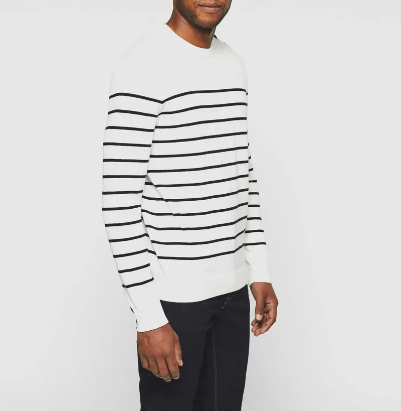 Pull col rond écru à rayures marine "Daymon"