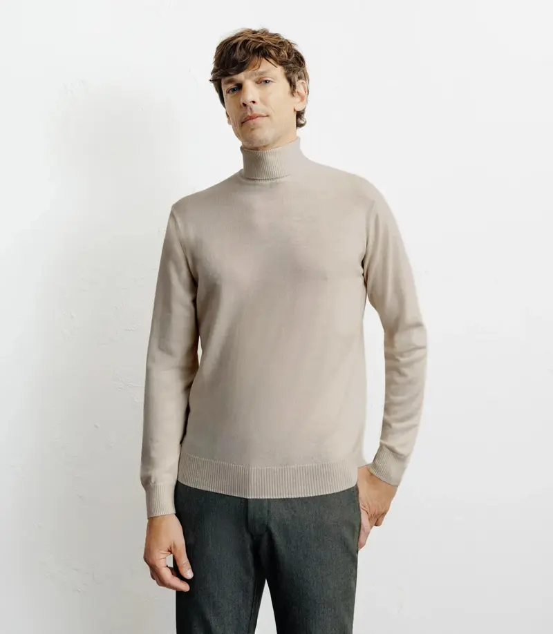 Pull col roulé en laine mérinos beige
