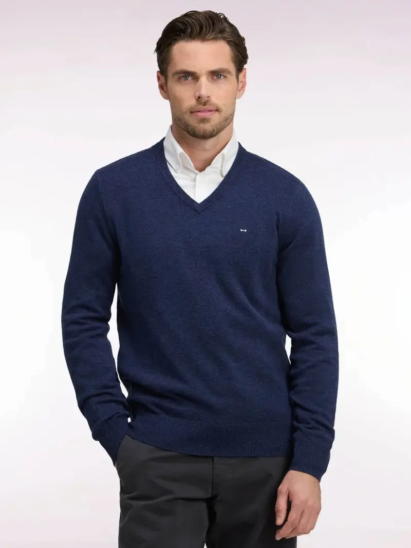 Pull col V Eden Park marine en laine