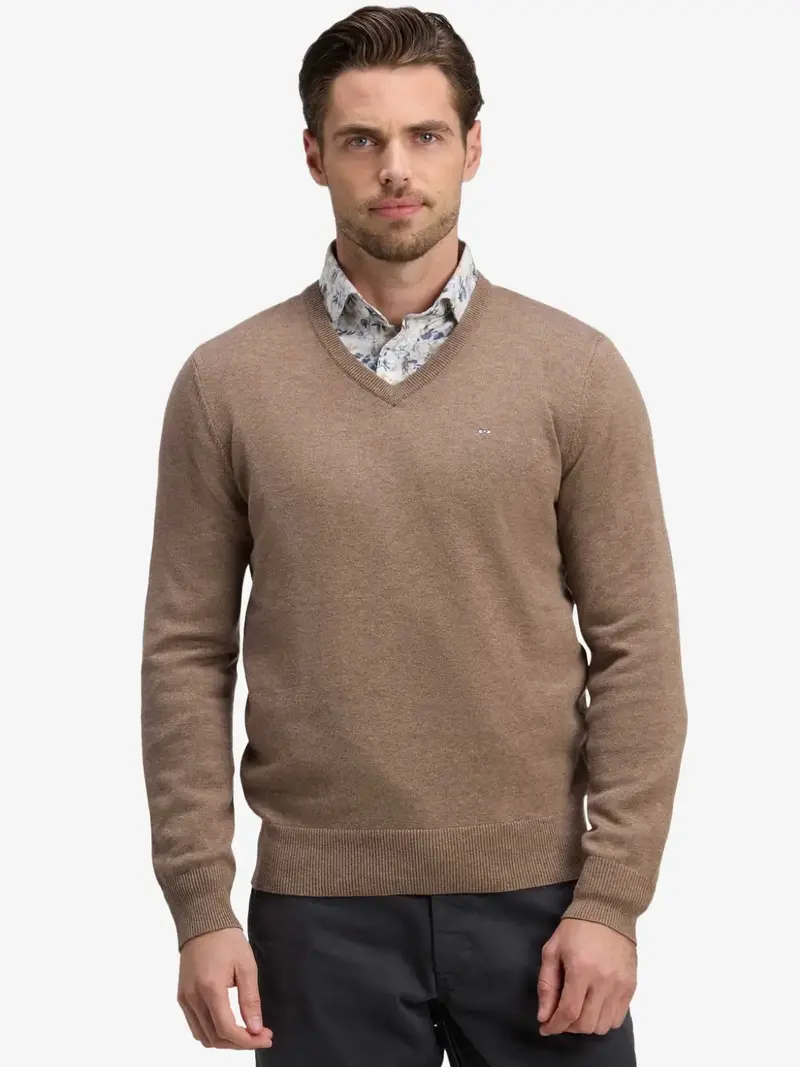 Pull col V Eden Park marron en laine