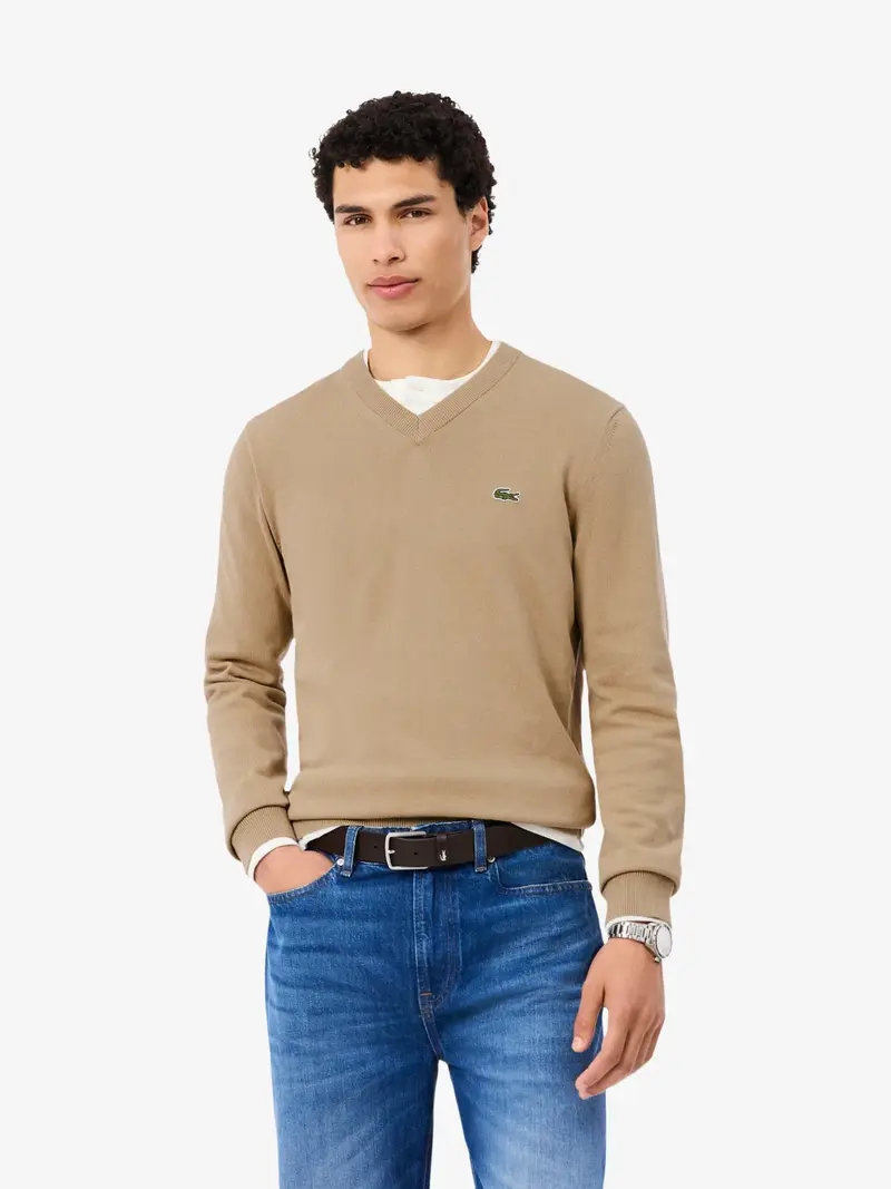 Pull col V Lacoste marron en coton