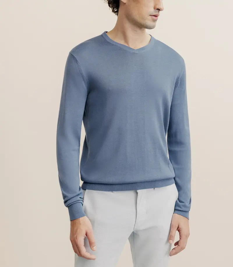 Pull col V manches longues bleu gris