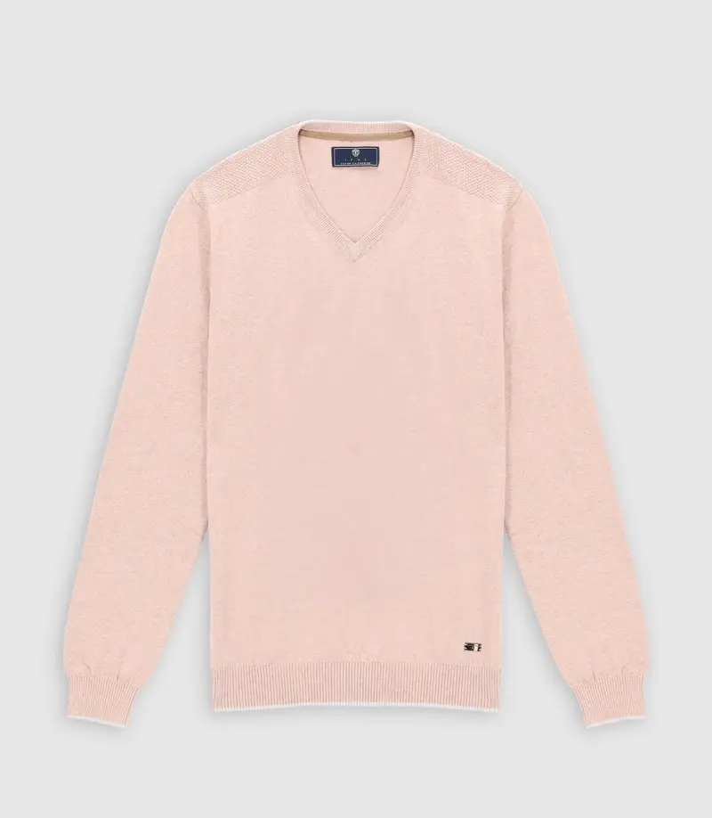 Pull col v rayé beige rose
