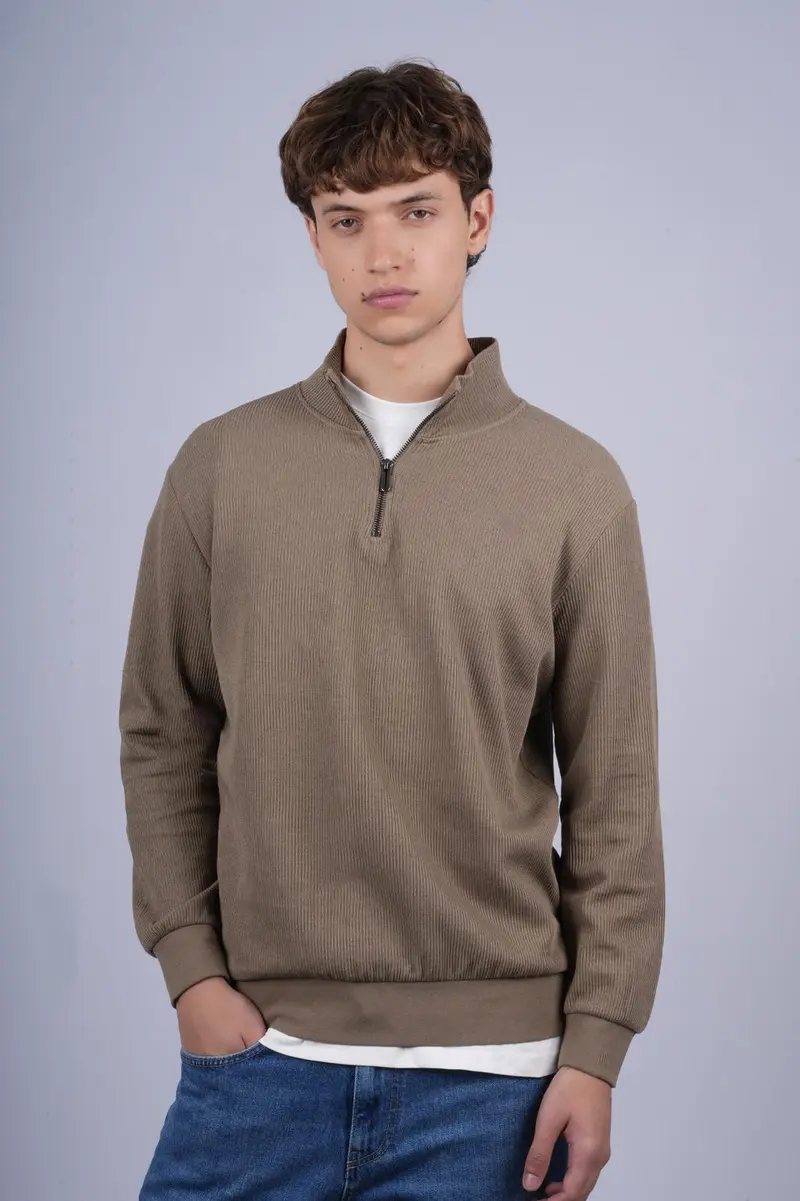 PULL Col Zipee KAKI CLAIR