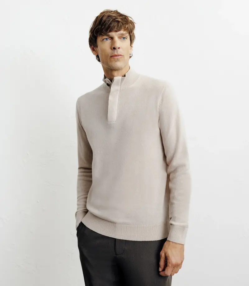 Pull col zippé et boutonné 100% cachemire beige
