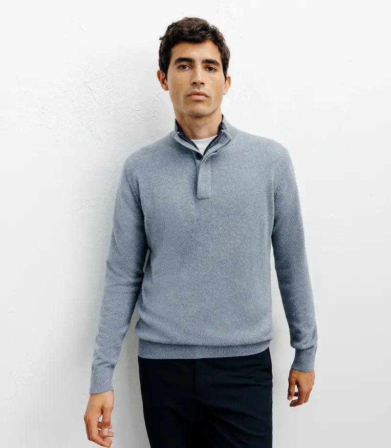 Pull col zippé et boutonné 100% cachemire indigo