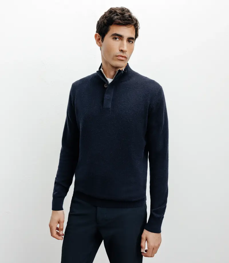 Pull col zippé et boutonné 100% cachemire marine