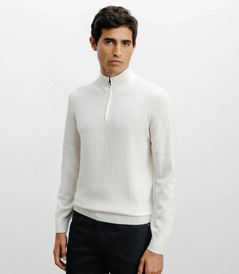 Pull demi zippé mérinos écru