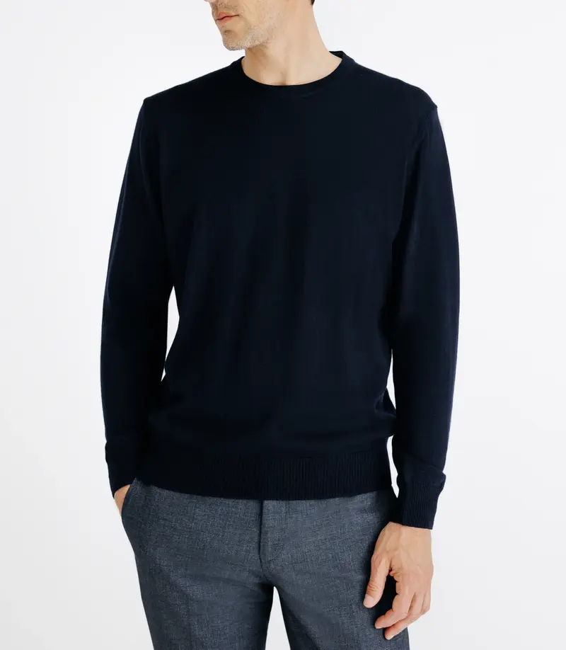 Pull en laine mérinos col rond marine