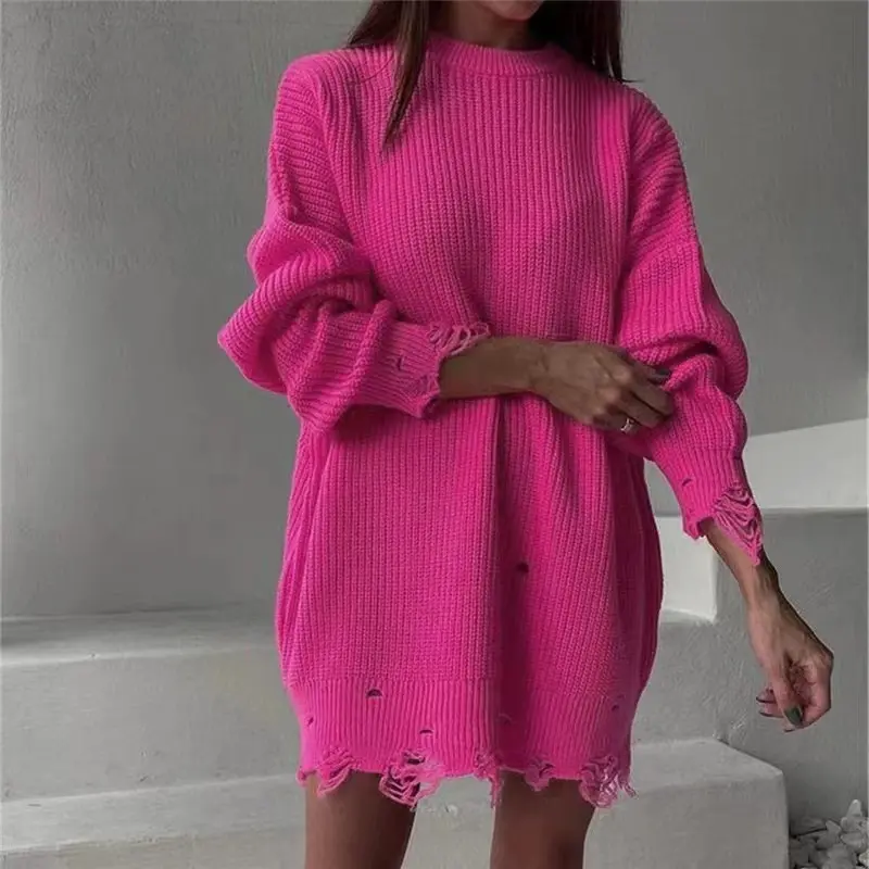 Pull en Maille Ample à Col Rond et Manches Longues – Tricot Uni Effet Effiloché