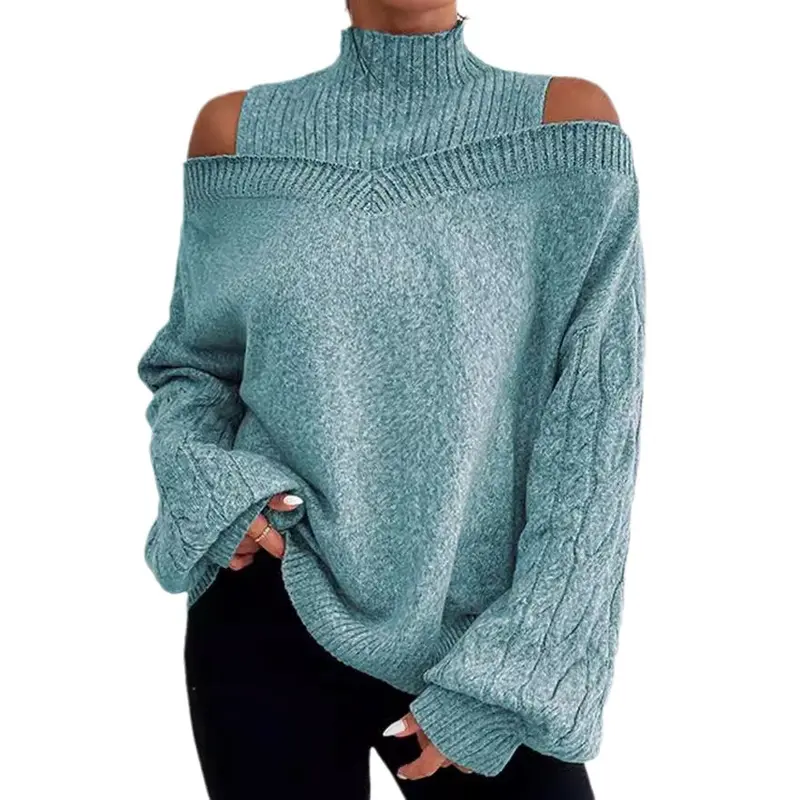 Pull Femme Épaules Dénudées Col Roulé Manches Bouffantes Maille Acrylique – 8 Couleurs S–3XL