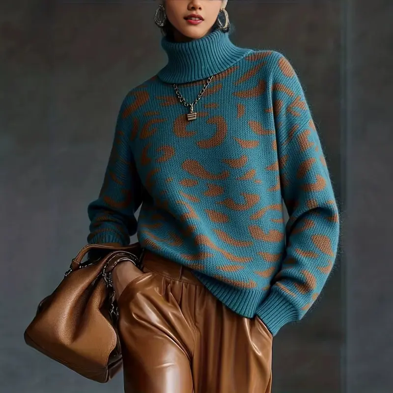 Pull femme léopard oversize à col roulé en maille