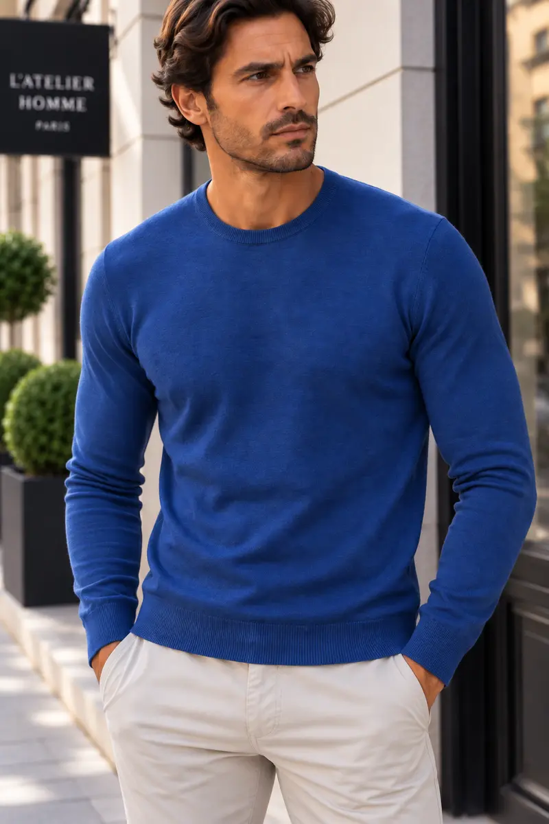 Pull fin MATHIAS col rond bleu jean du S au 3XL
