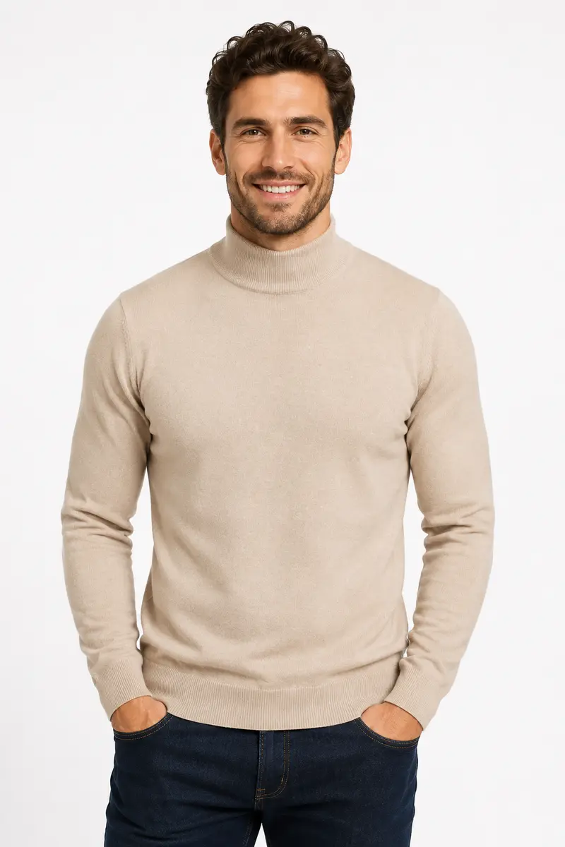 Pull homme beige à col montant
