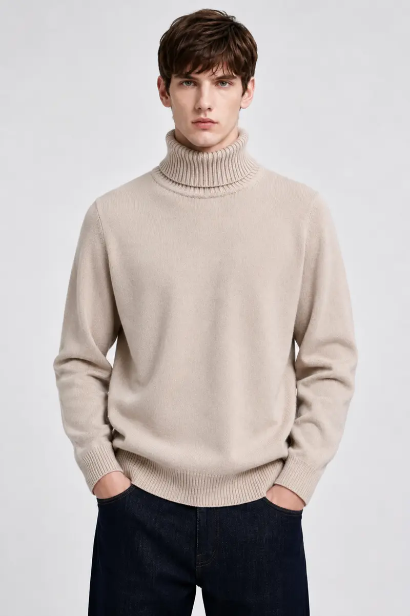 Pull homme beige à col roulé
