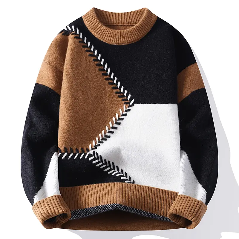 Pull homme col rond en jacquard à couleurs contrastées