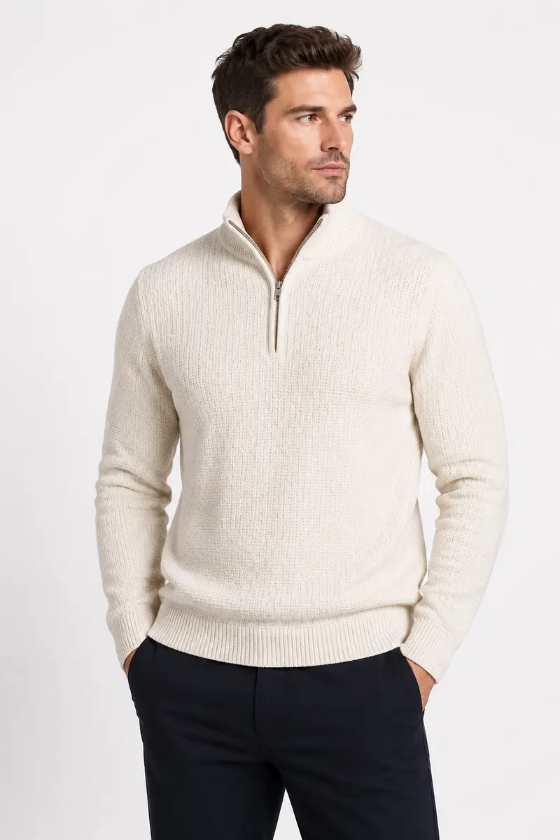 Pull homme écru à col montant zippé
