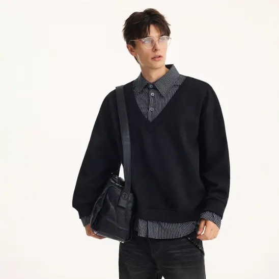 Pull Homme Faux Deux Pièces – Col Chemise Tartan & Coutures Contrastes, Style Automne