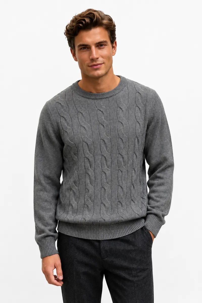 Pull homme gris torsadé à col rond