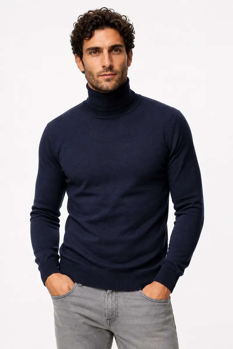 Pull homme marine à col roulé