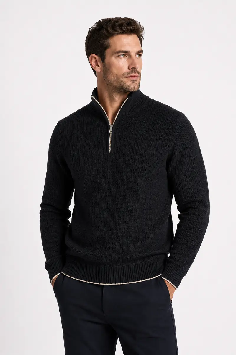 Pull homme noir à col montant zippé