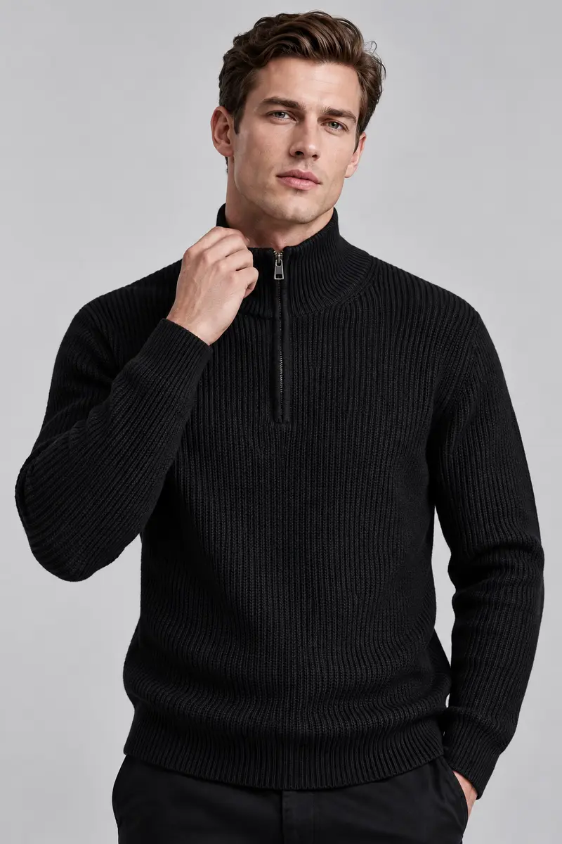 Pull homme noir col montant zippé en maille côtelée