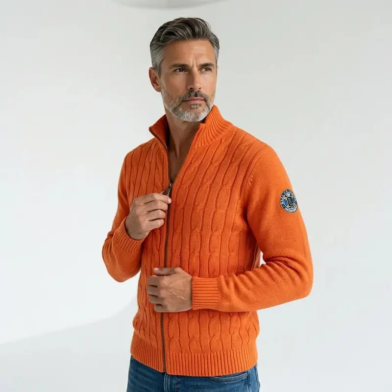 Pull orange full zip torsadé