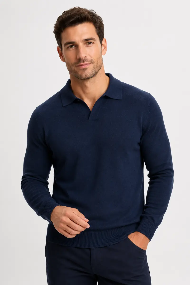 Pull polo homme marine manches longues