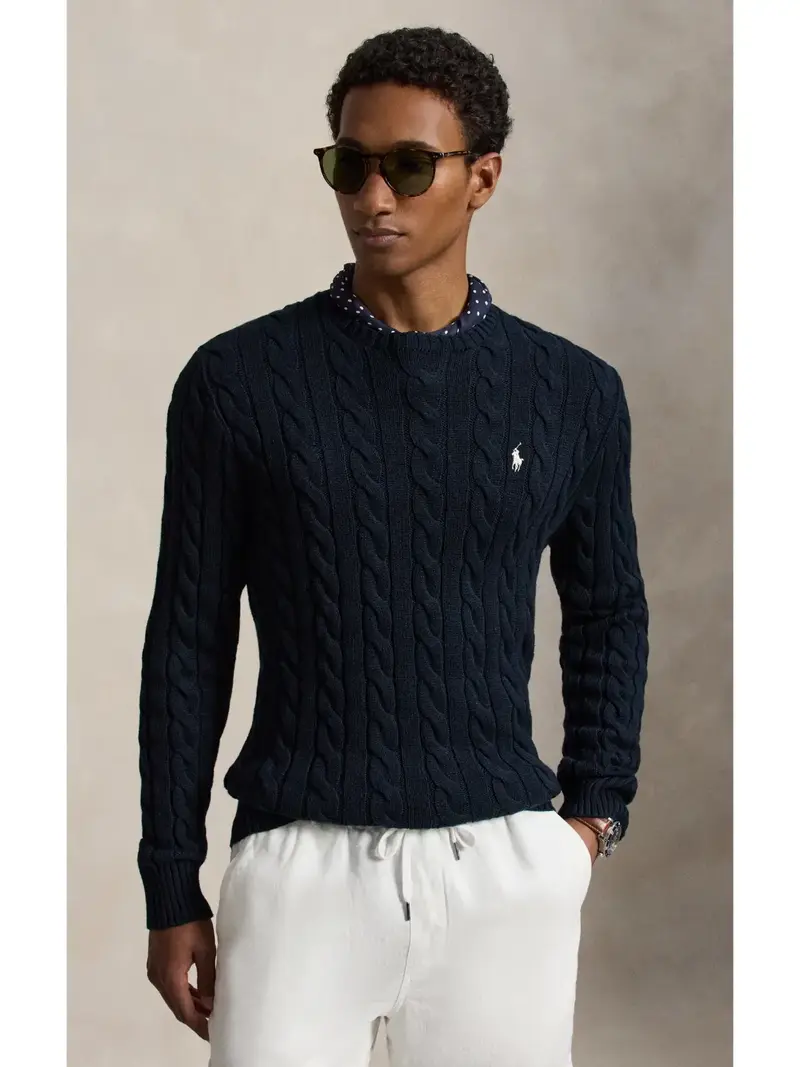 Pull torsadé Ralph Lauren marine en coton