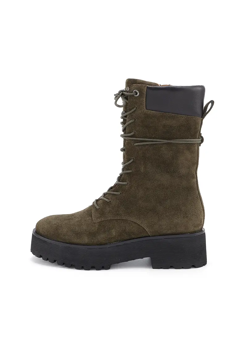 RAYNE - Bottines Crantées à Plateforme en Cuir Croûte Kaki