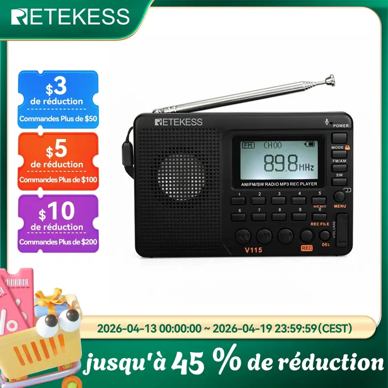 RETEKESS V115 radio Portable am fm radio à ondes courtes mini radio rechargeable avec lecteur MP3, son excellent pour le camping et le cadeau