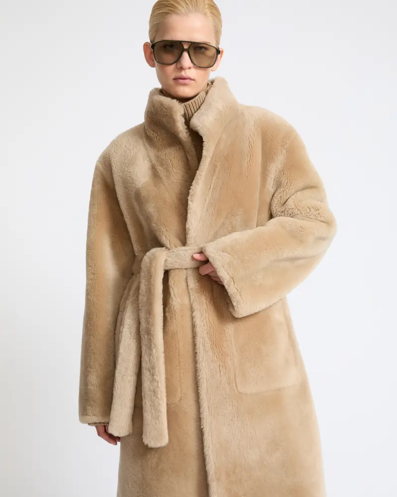 Reversible combed lambskin shearling coat