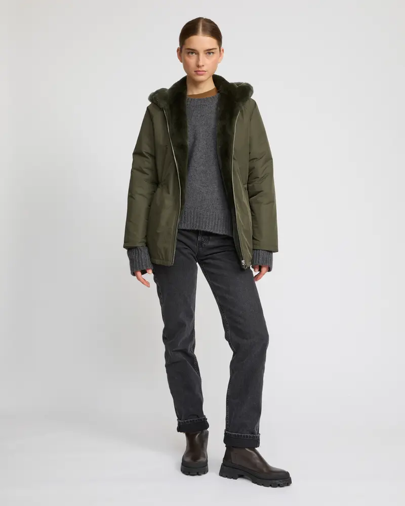 Reversible hooded jacket in rabbit rex fur and technical fabric