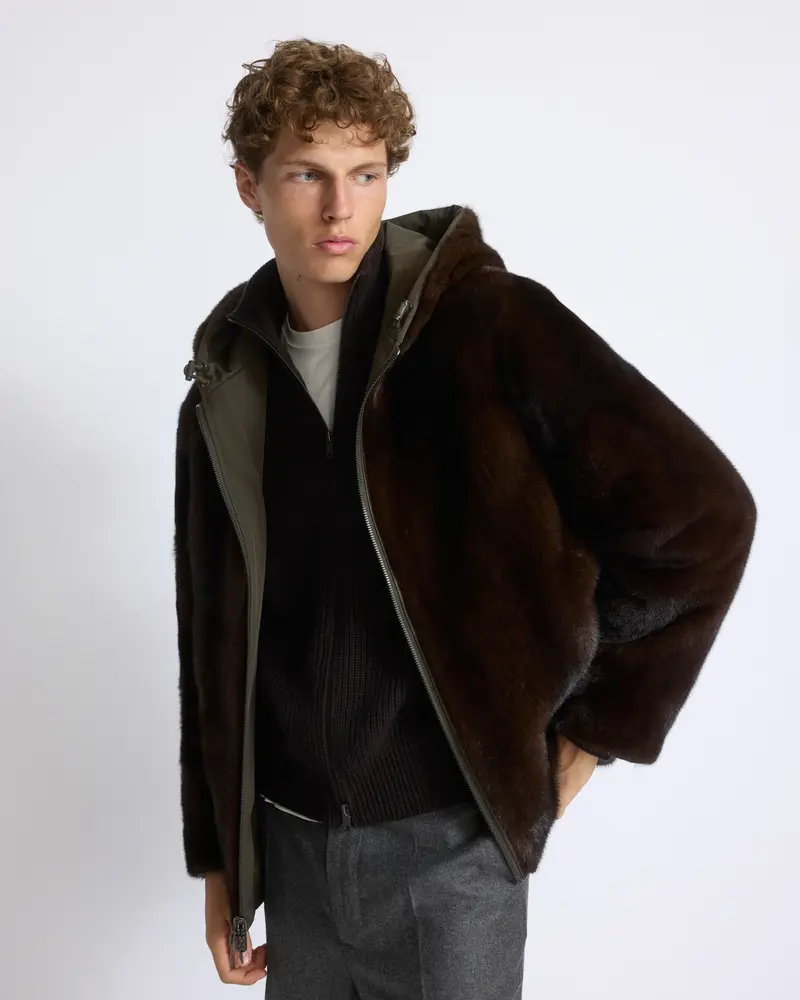Reversible long-haired mink fur and technical fabric hooded jacket