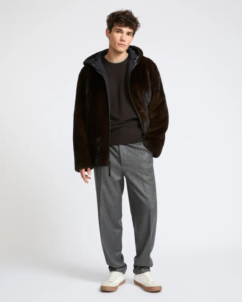 Reversible long-haired mink fur and technical fabric hooded jacket