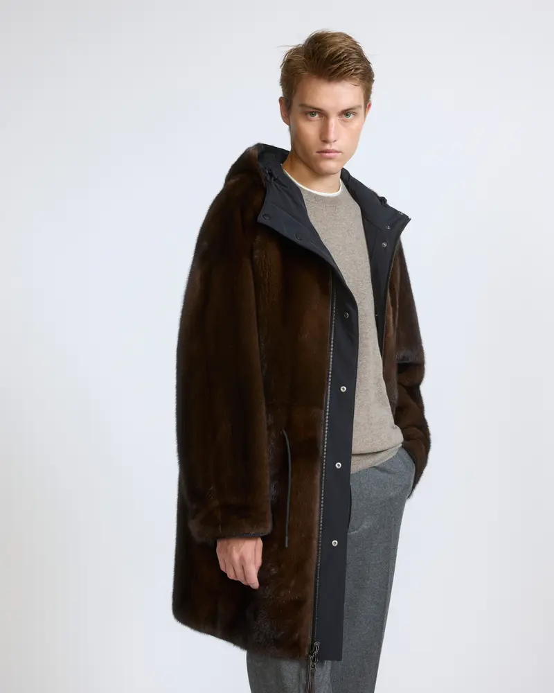 Reversible long-haired mink fur and technical fabric parka