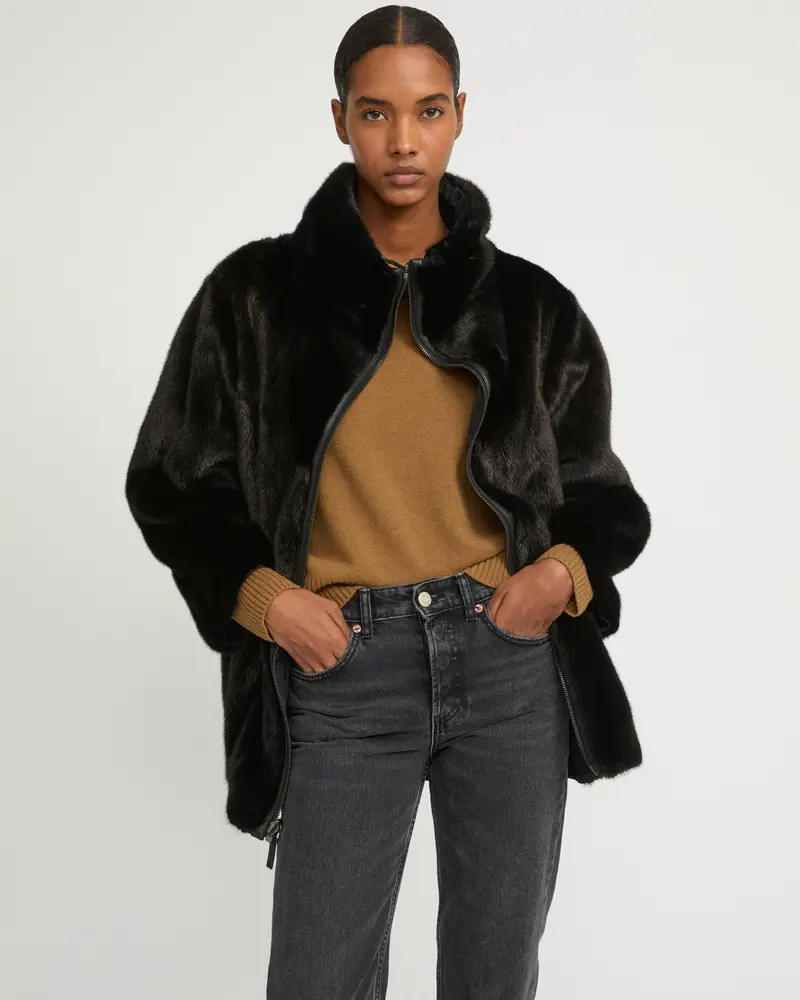 Reversible parka in mink & technical fabric with stand collar
