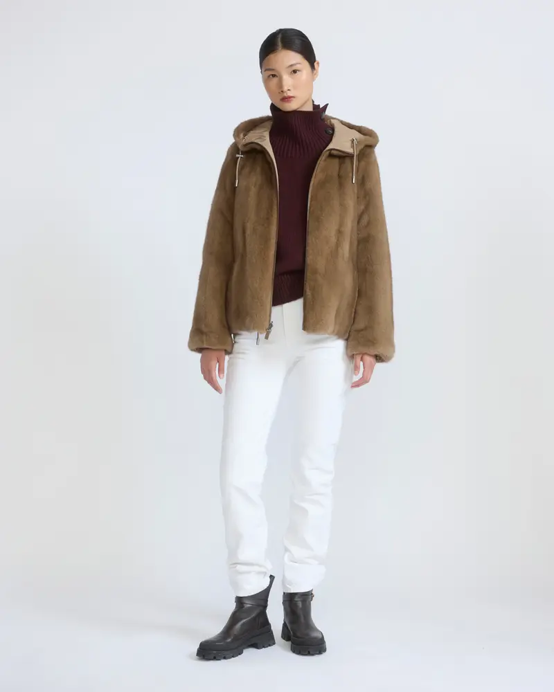 Reversible water-repellent technical fabric hooded jacket with mink fur