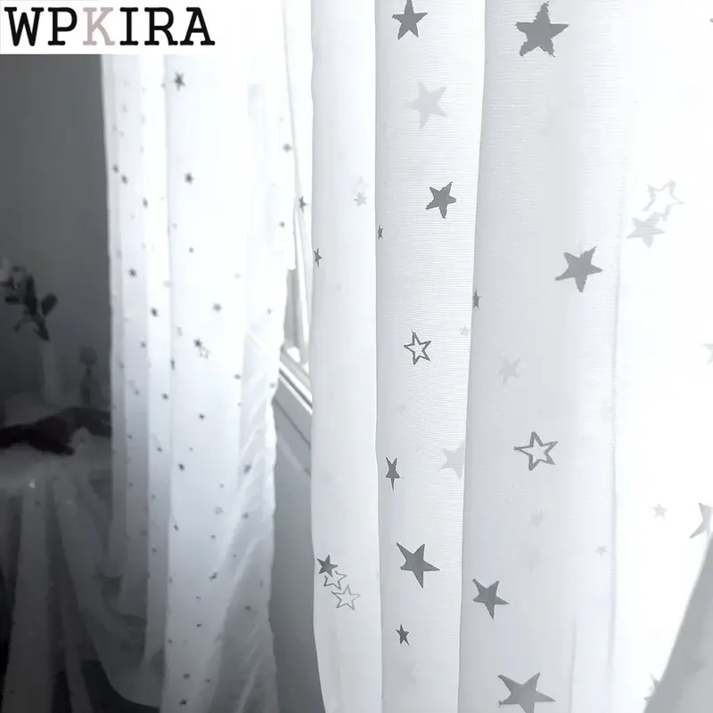 Rideaux en Tulle blanc brillant avec étoiles argentées, pour chambre d'enfants, modernes et mignons, en Voile, pour traitement de fenêtre, pour salon, WP234C
