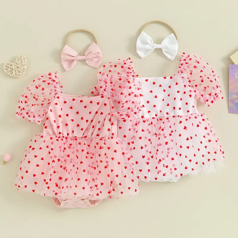 Robe barboteuse pour nouveau-né fille, 2 pièces, tenue de saint-valentin, manches courtes bouffantes, imprimé cœur, barboteuse trapèze avec bandeau à nœud papillon, vêtements