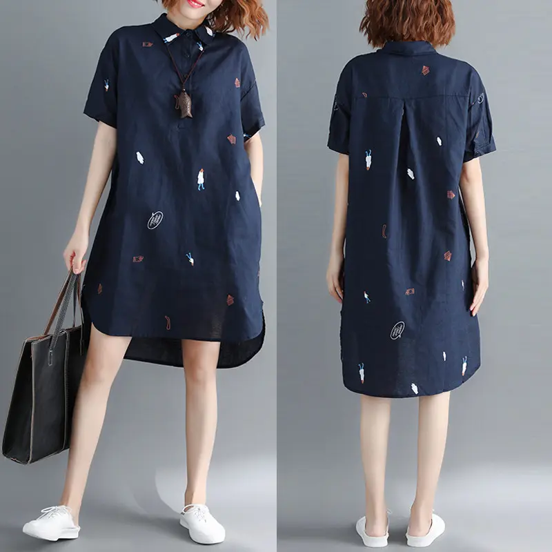 Robe-chemise ample à carreaux en coton et chanvre