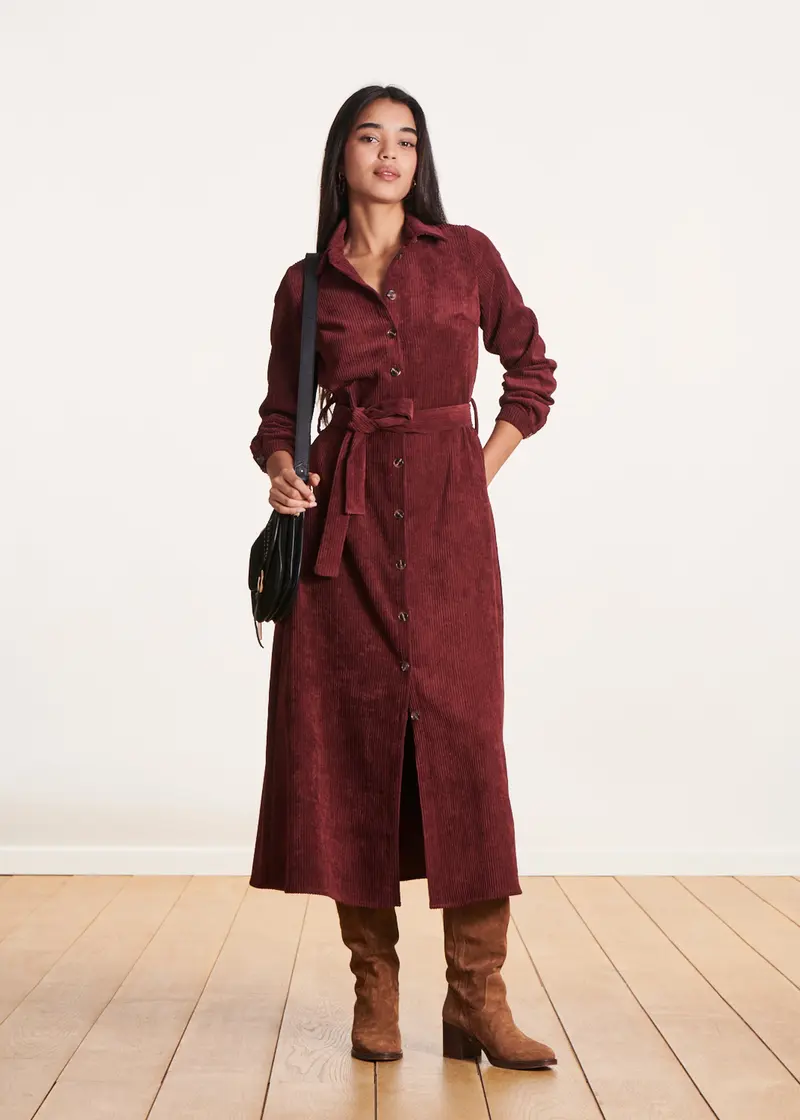 Robe chemise longue bordeaux en velours