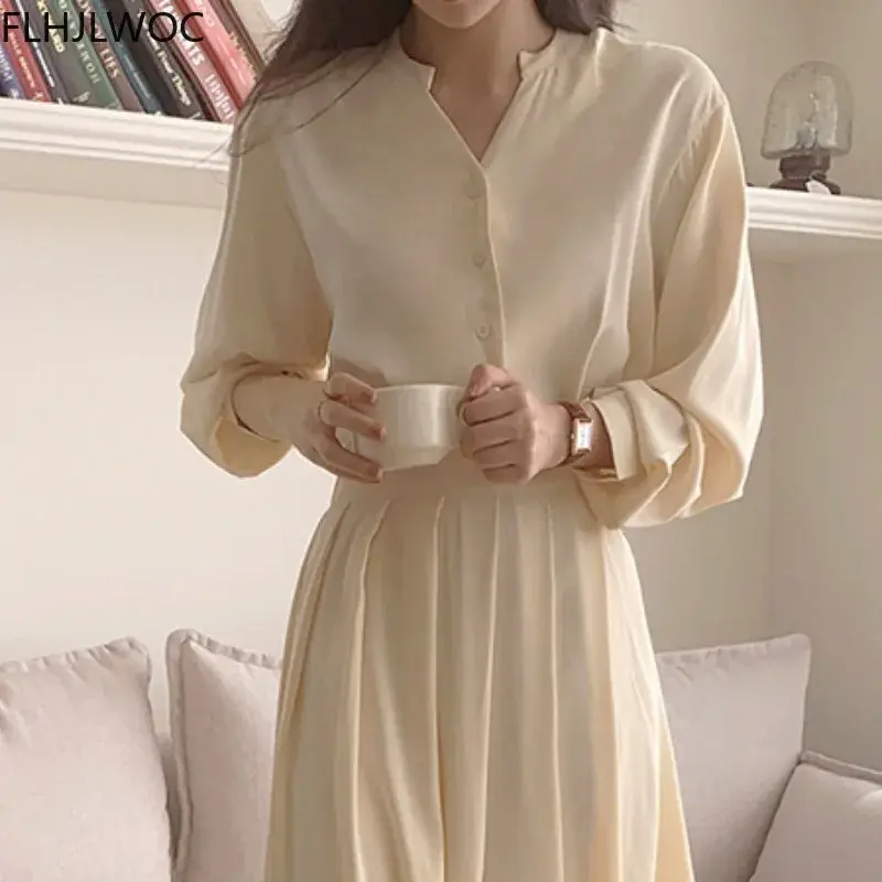 Robe chemise longue vintage pour femmes, chic, mode coréenne, tempérament dame de bureau, travail élégant, vêtements de base, solide, fenimine, éducatif